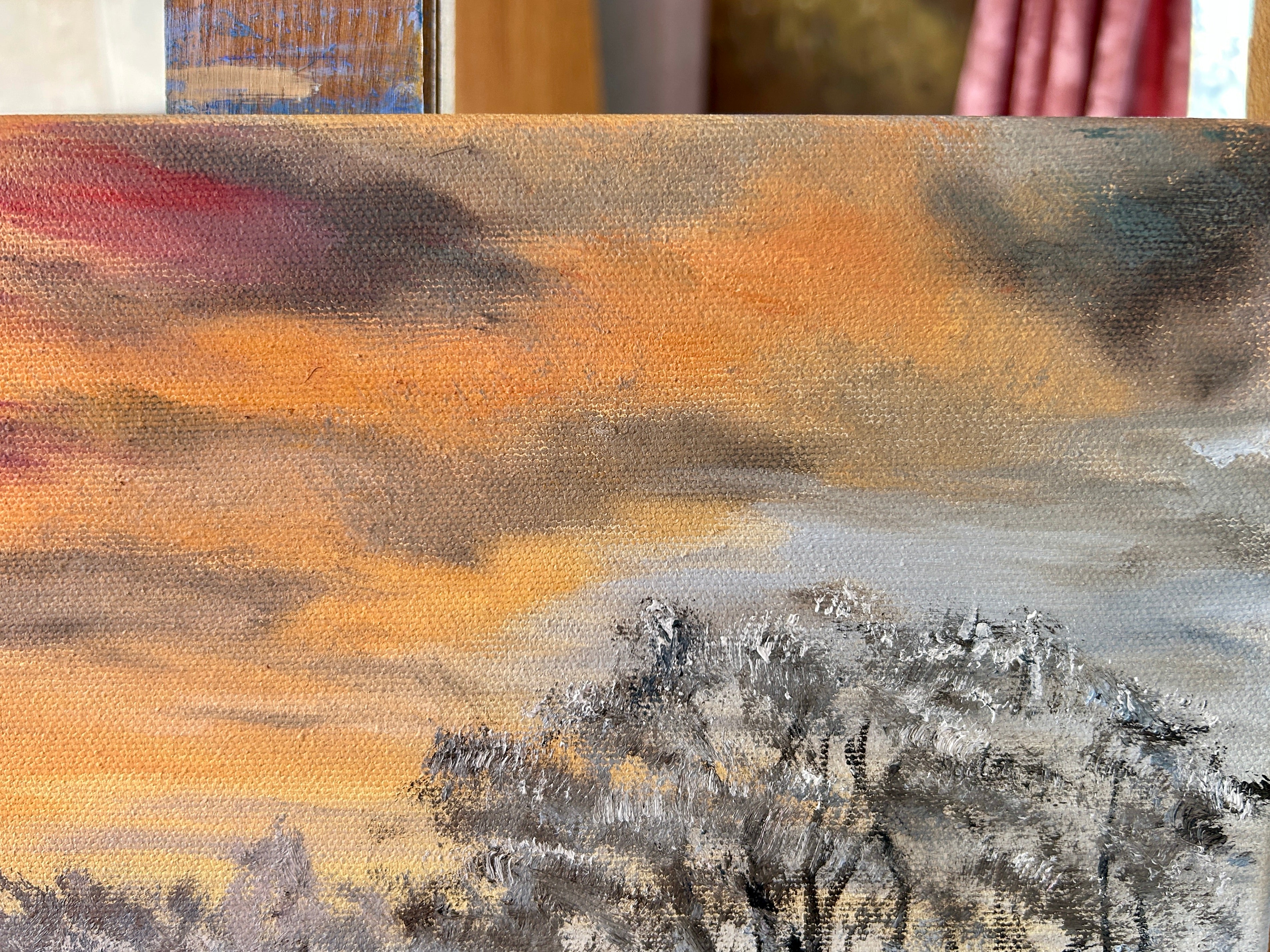 Original oil painting - Winter Sunset : Snowy Trees Landscape Art (16"x12")