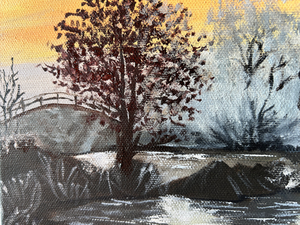 Original oil painting - Winter Sunset : Snowy Trees Landscape Art (16"x12")