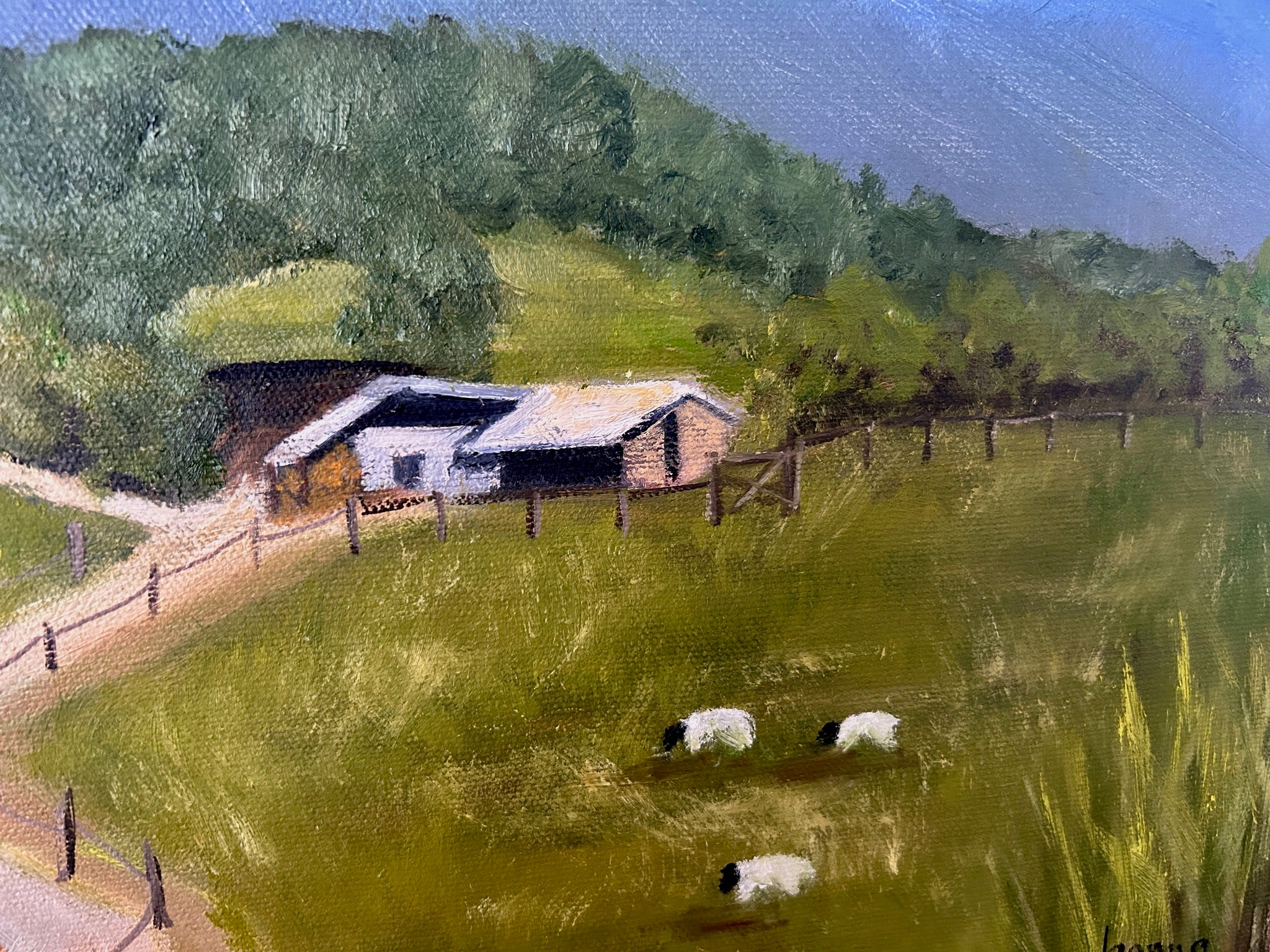 Original Oil Painting: Countryside Farm Landscape, Sheep - 18"x14"