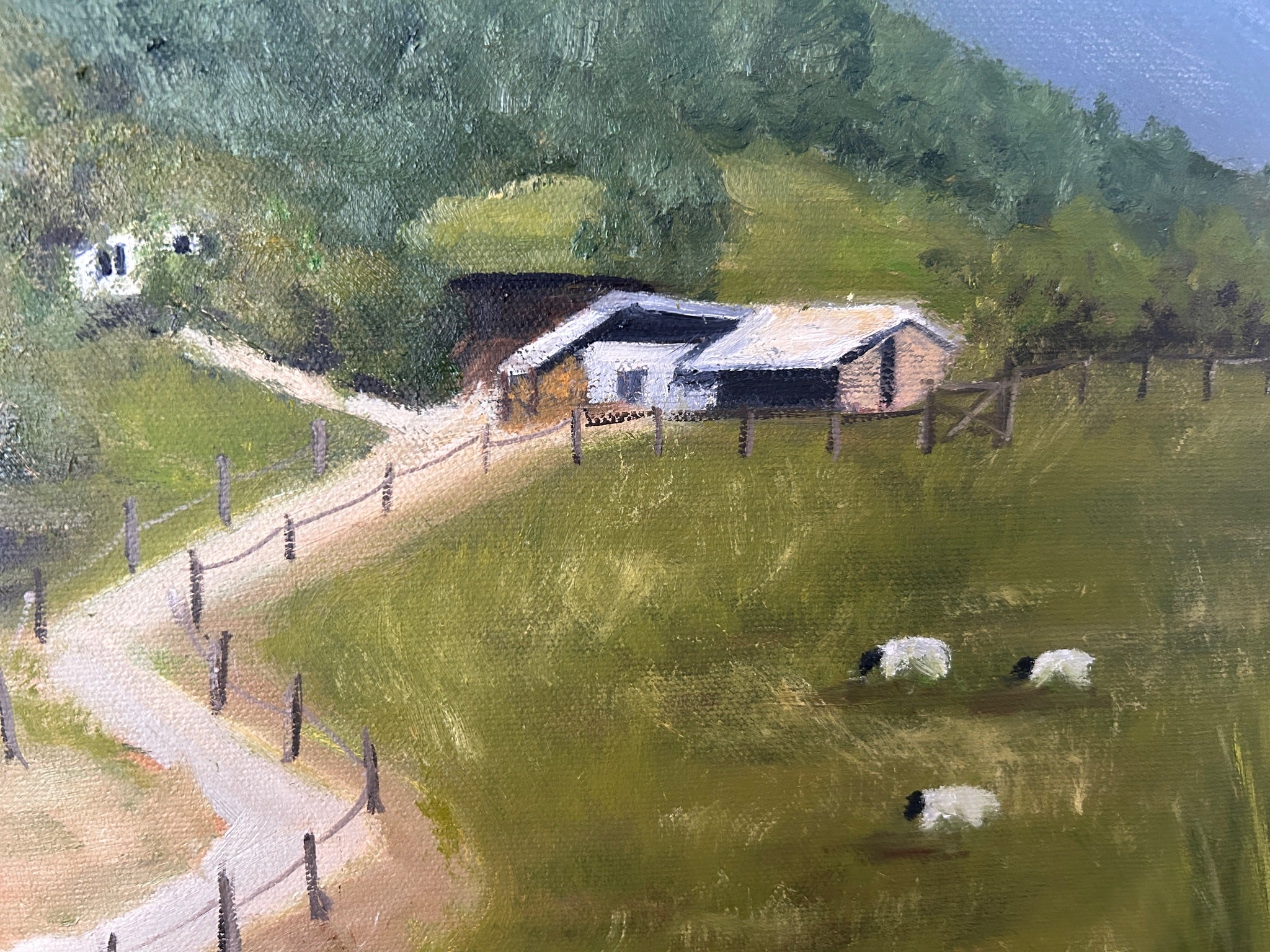Original Oil Painting: Countryside Farm Landscape, Sheep - 18"x14"