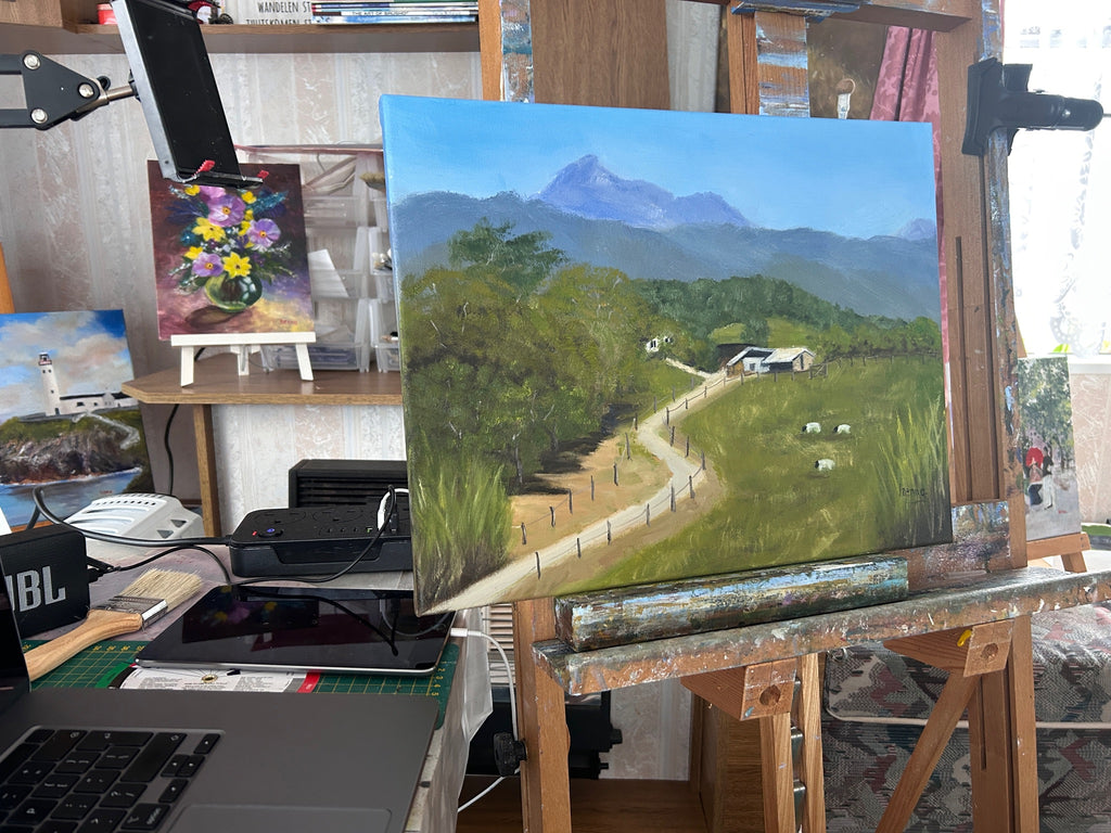 Original Oil Painting: Countryside Farm Landscape, Sheep - 18"x14"