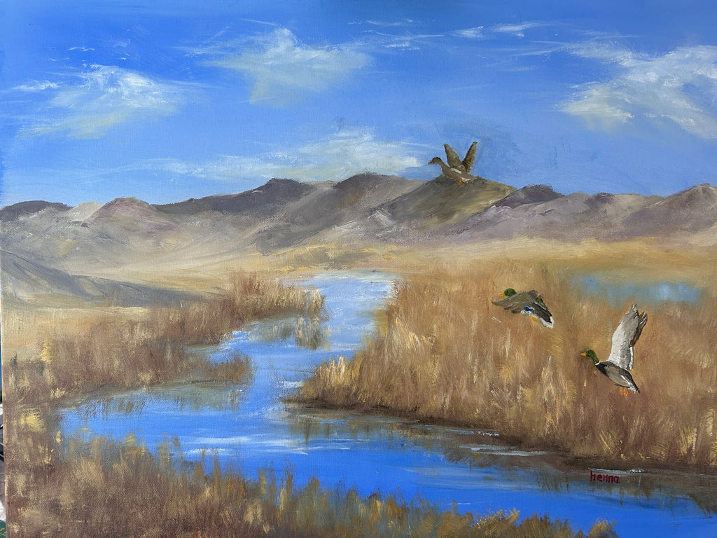 Painting of a landscape with water, mountains, and birds.