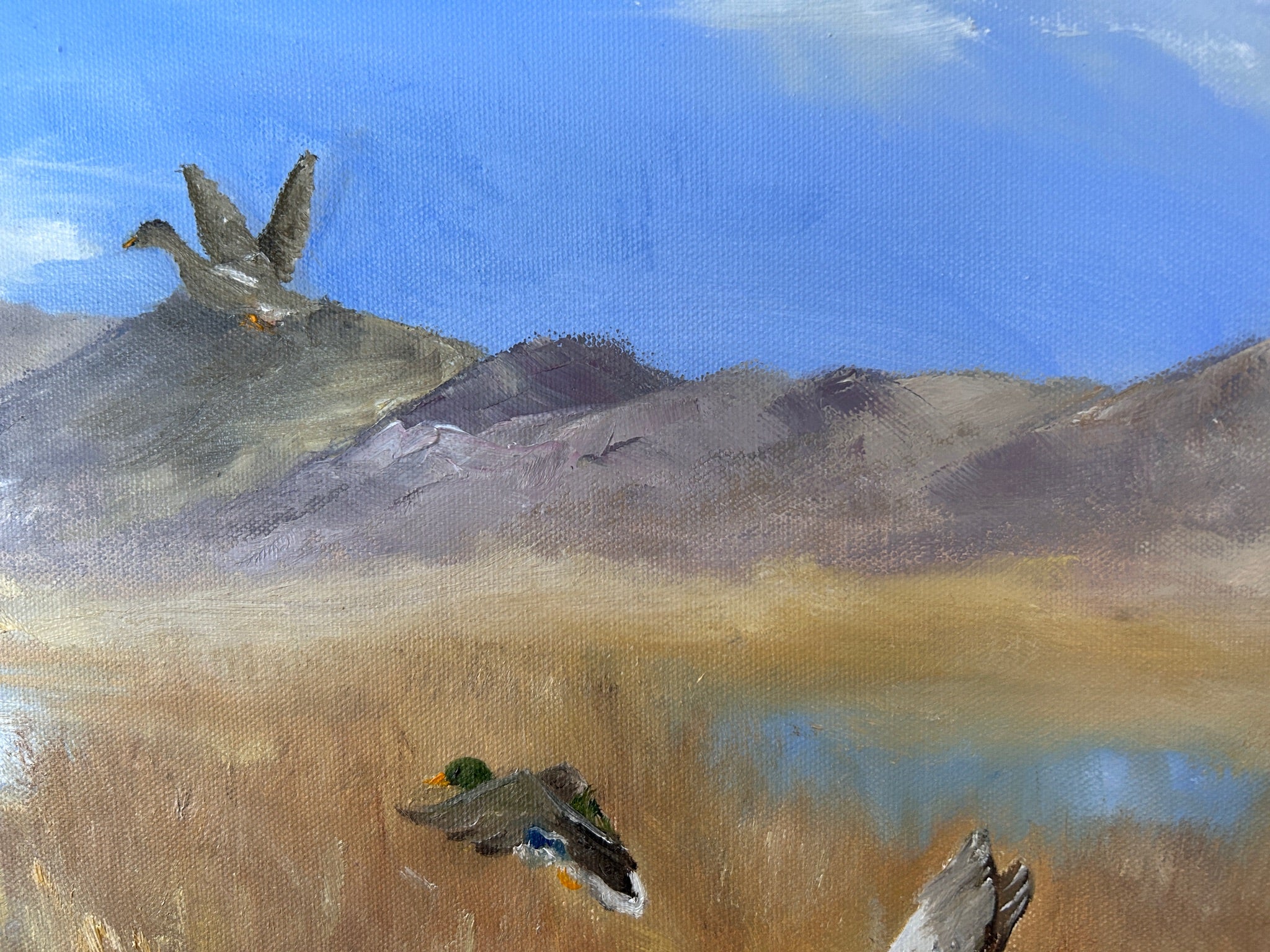 Painting of ducks flying over a mountain landscape with a lake.