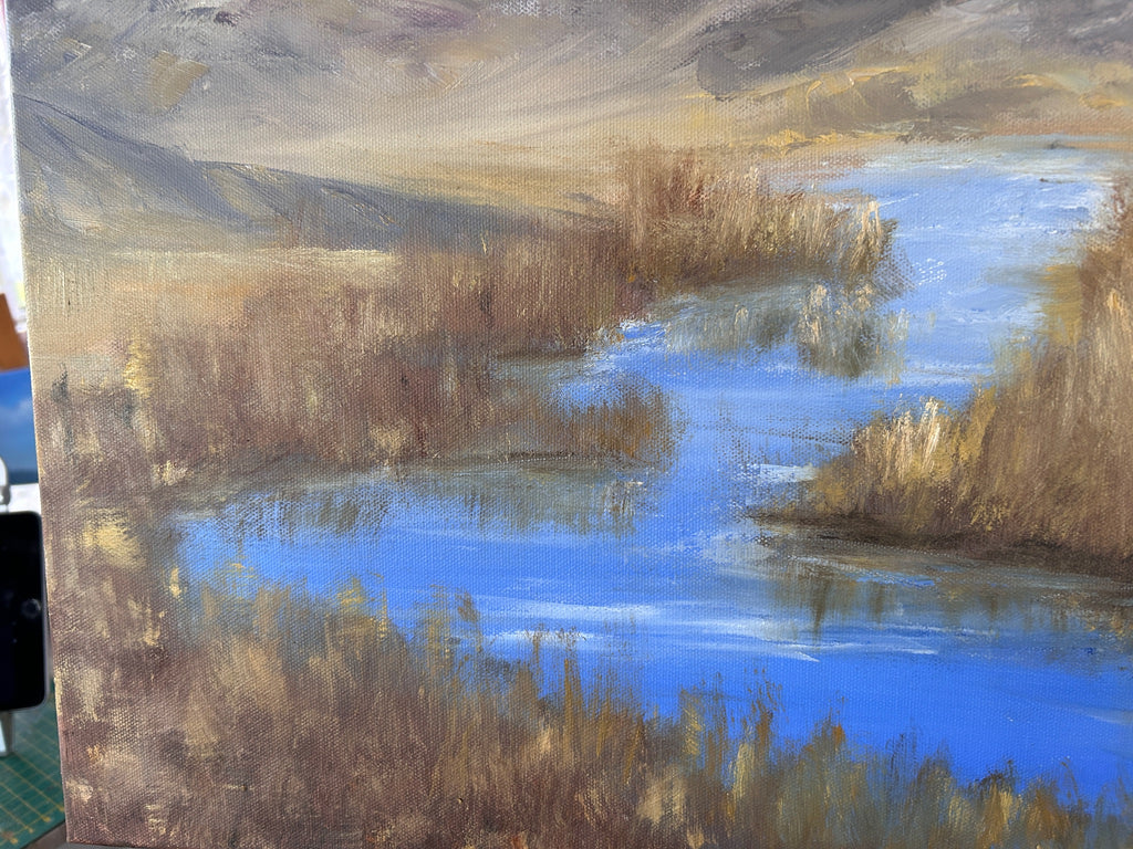 Painting of a landscape with water and reeds