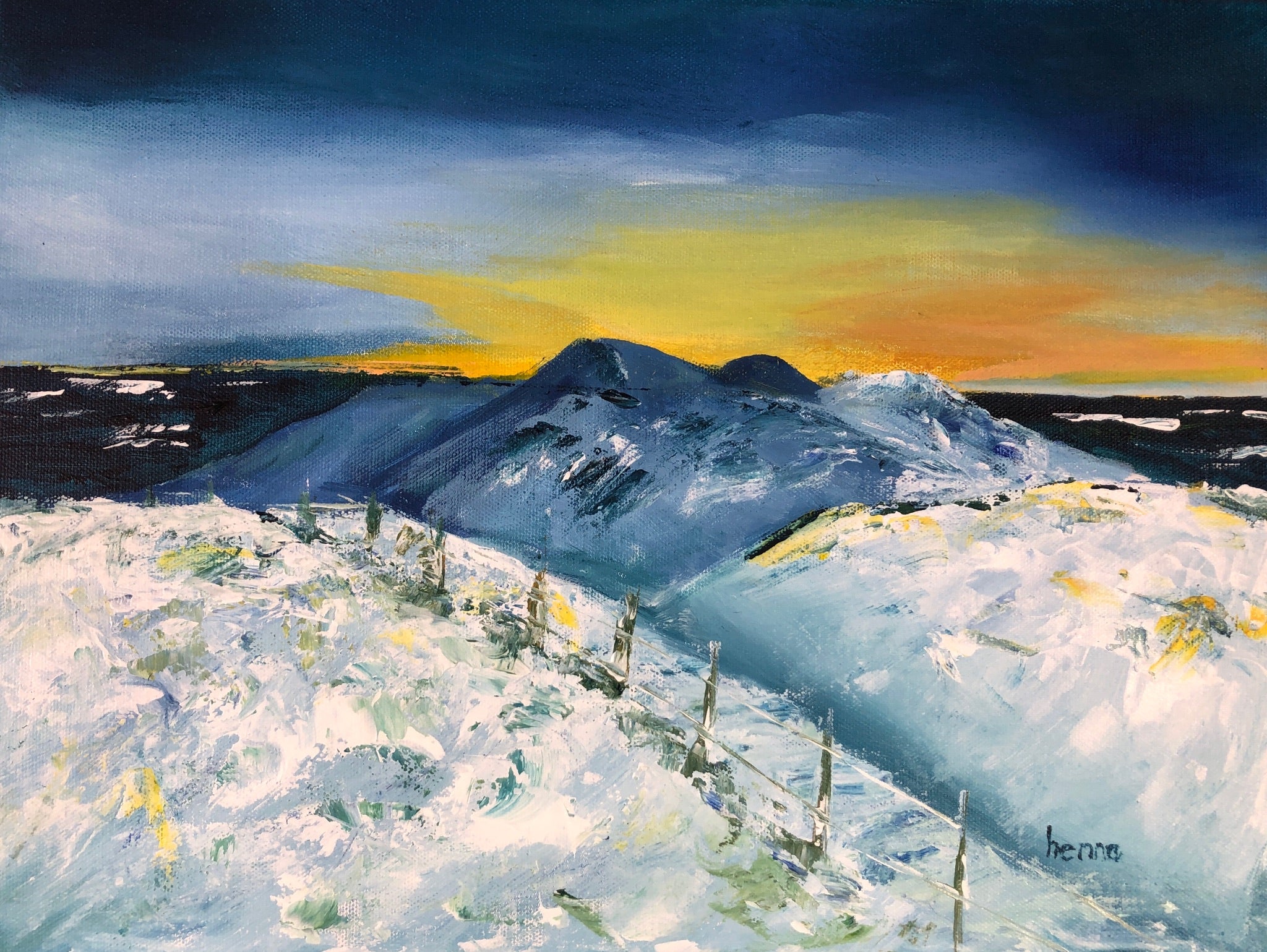 An impressionistic landscape painting of snow-covered mountains under a dramatic blue and yellow sky, with a fence line in the foreground and a visible artist signature in the lower right.