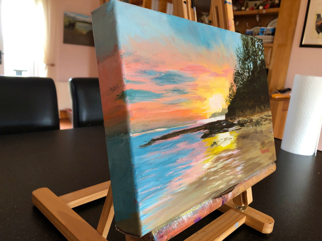 Original Sunset Seascape Painting: Irish Coastal Wall Art 12"x8"
