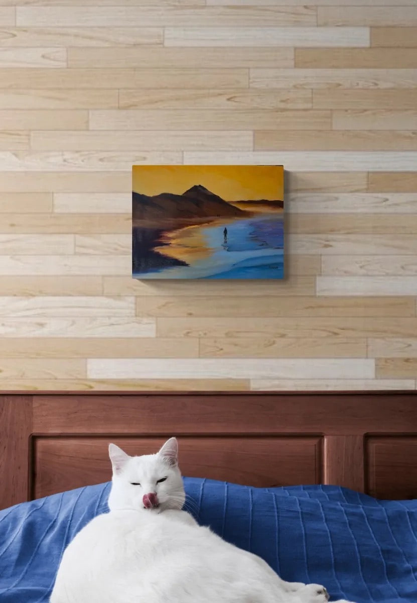 Original Oil Painting - Sunset beach on Canvas: Coastal Seascape Art (16x12)