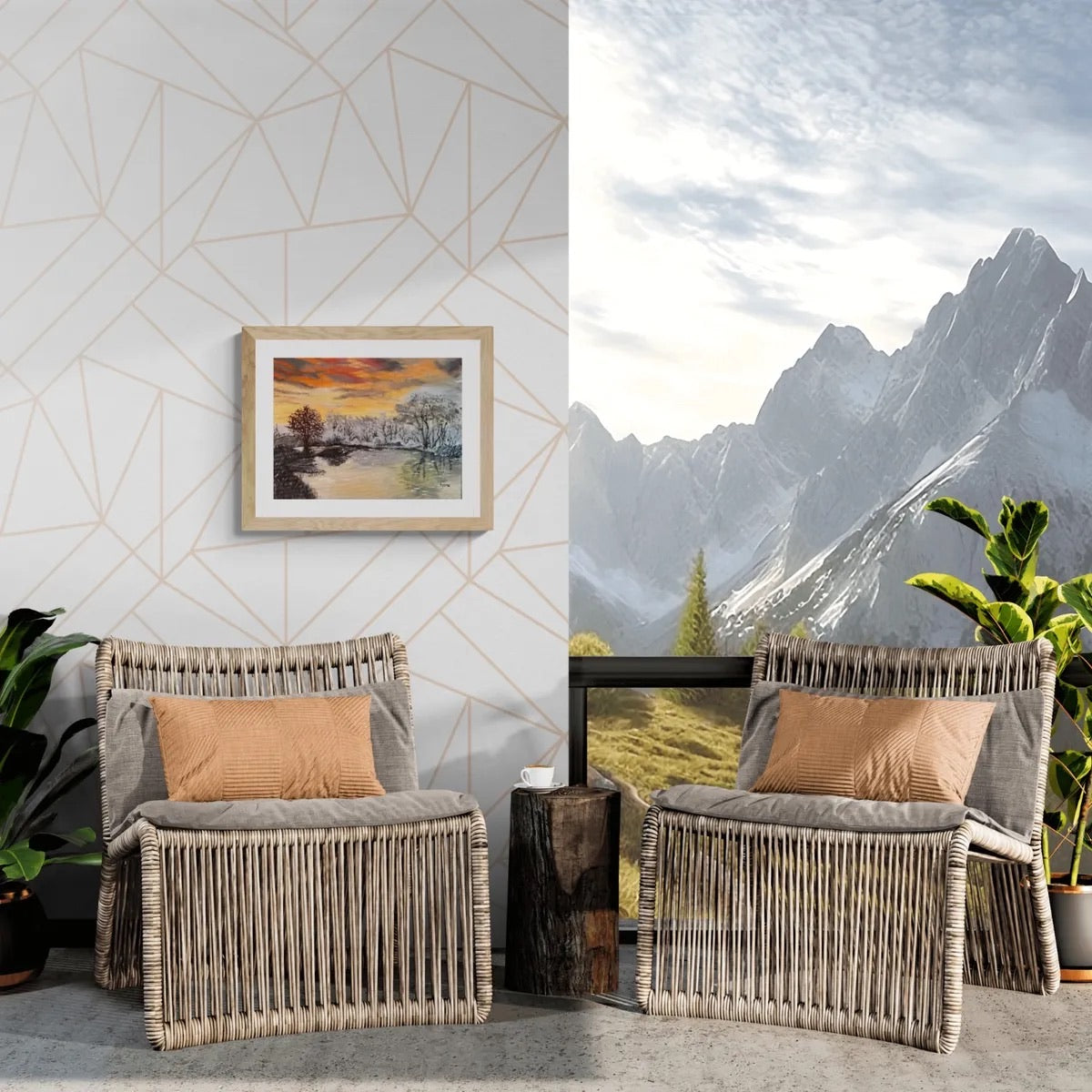 Two woven outdoor armchairs with gray cushions and tan pillows are staged in a modern interior setting. One chair is placed against a white geometric wall with a framed landscape painting, and the other is set against a large wall mural of snowy mountains.
