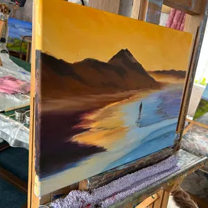 Original Oil Painting - Sunset beach on Canvas: Coastal Seascape Art (16x12)