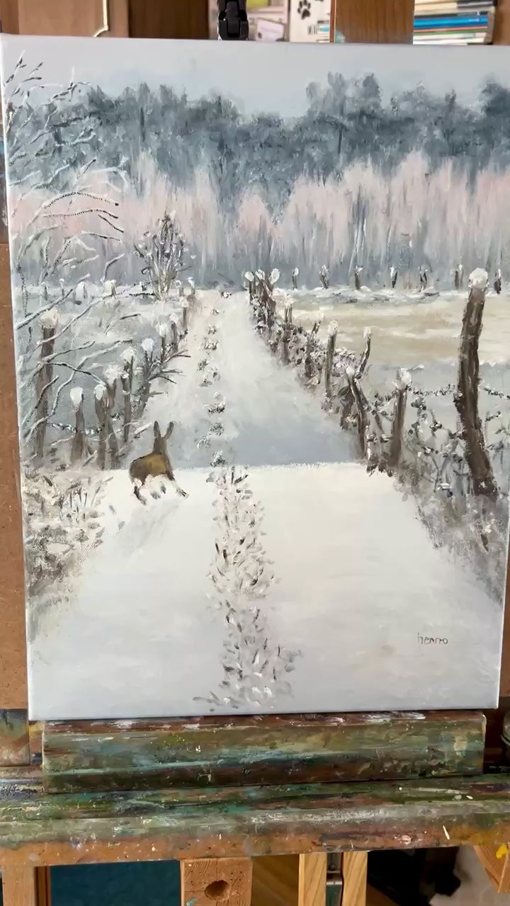 Original Oil painting - Winter Hare Snowy Landscape Art on Canvas 16"x12