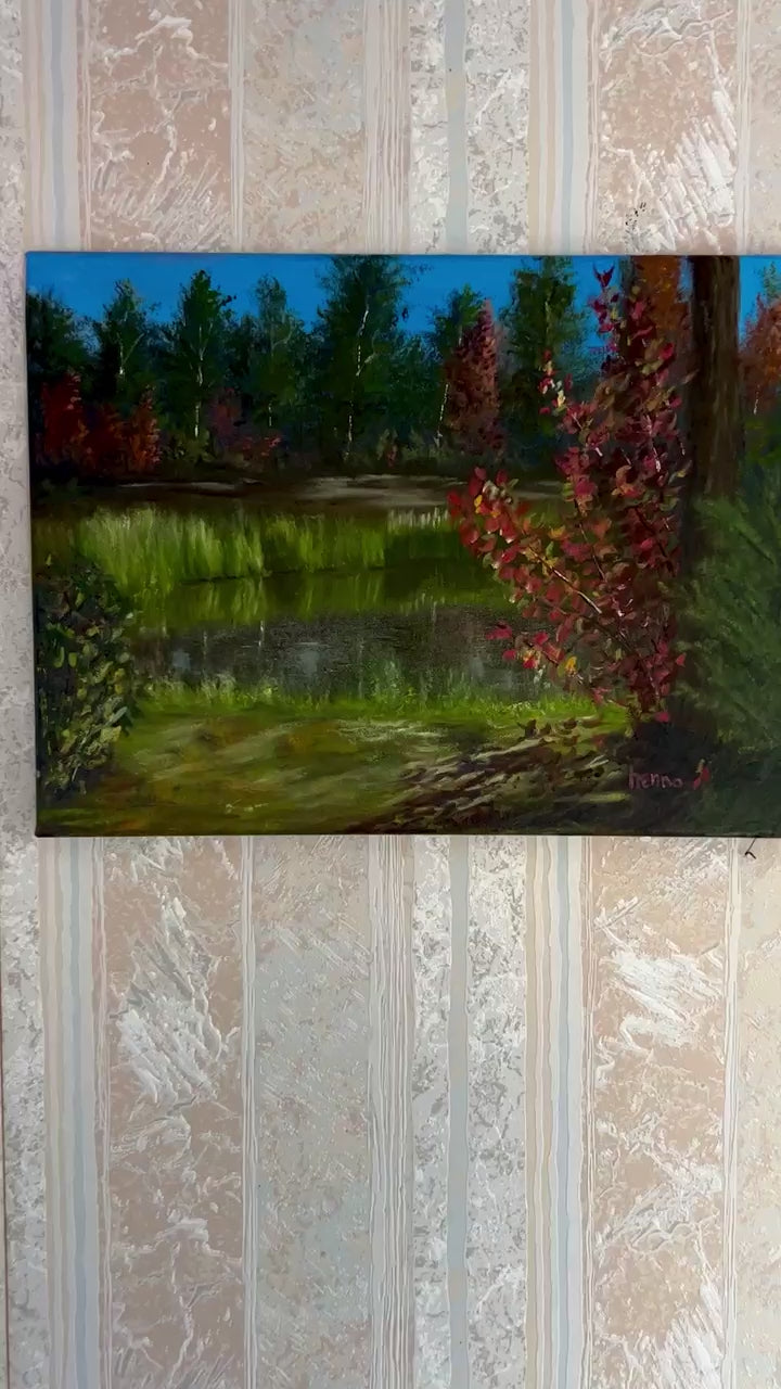 Original Autumn Forest Pond Oil Painting: Nature Wall Art (16x12)