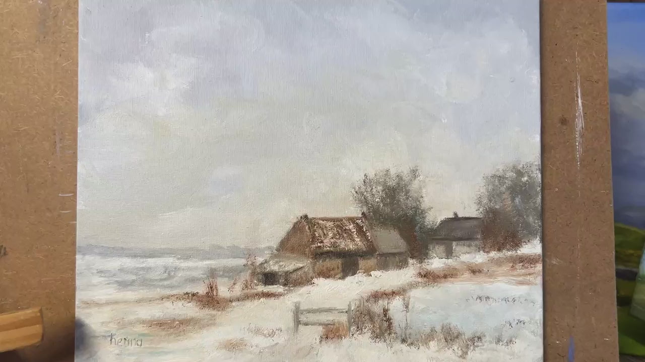 Original  Oil Painting - Winter Farmhouse Snowy Landscape Art 12"x10"