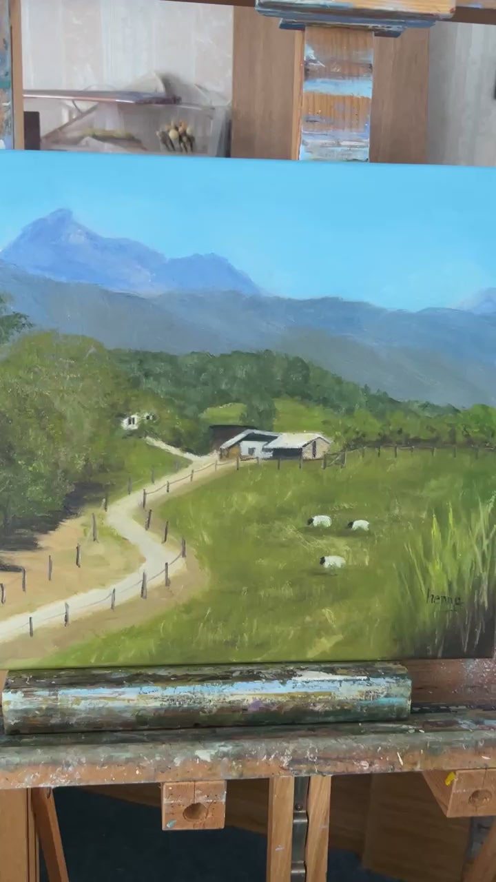 Original Oil Painting: Countryside Farm Landscape, Sheep - 18"x14"