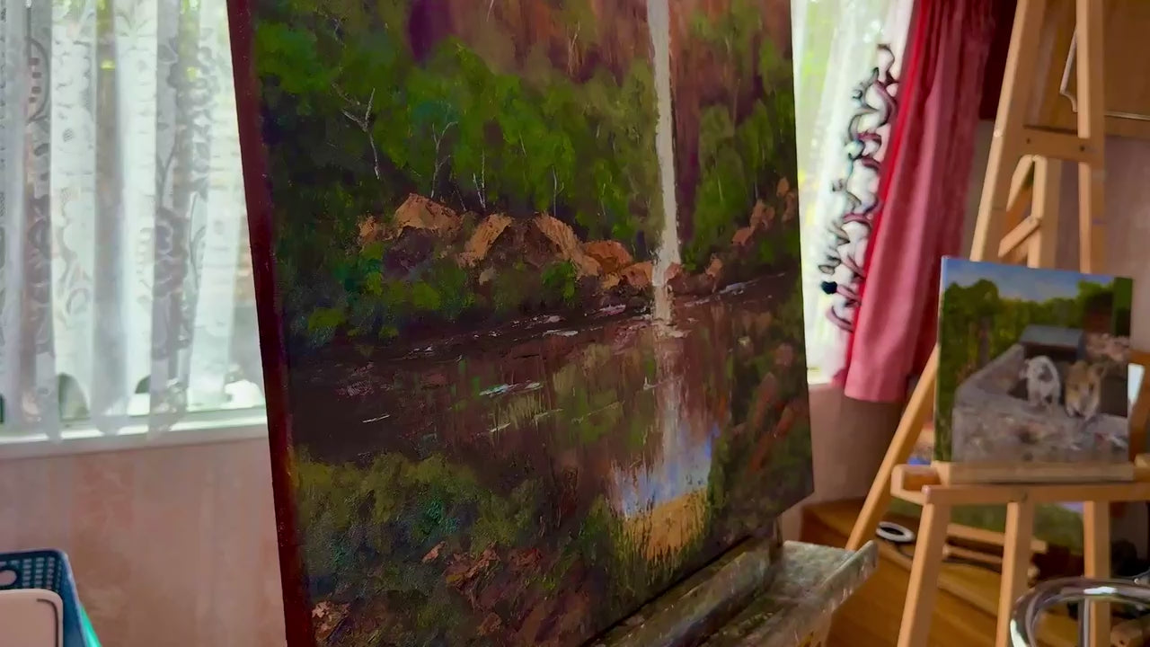 Waterfall over the cliffs, reflections in the water,  24X20