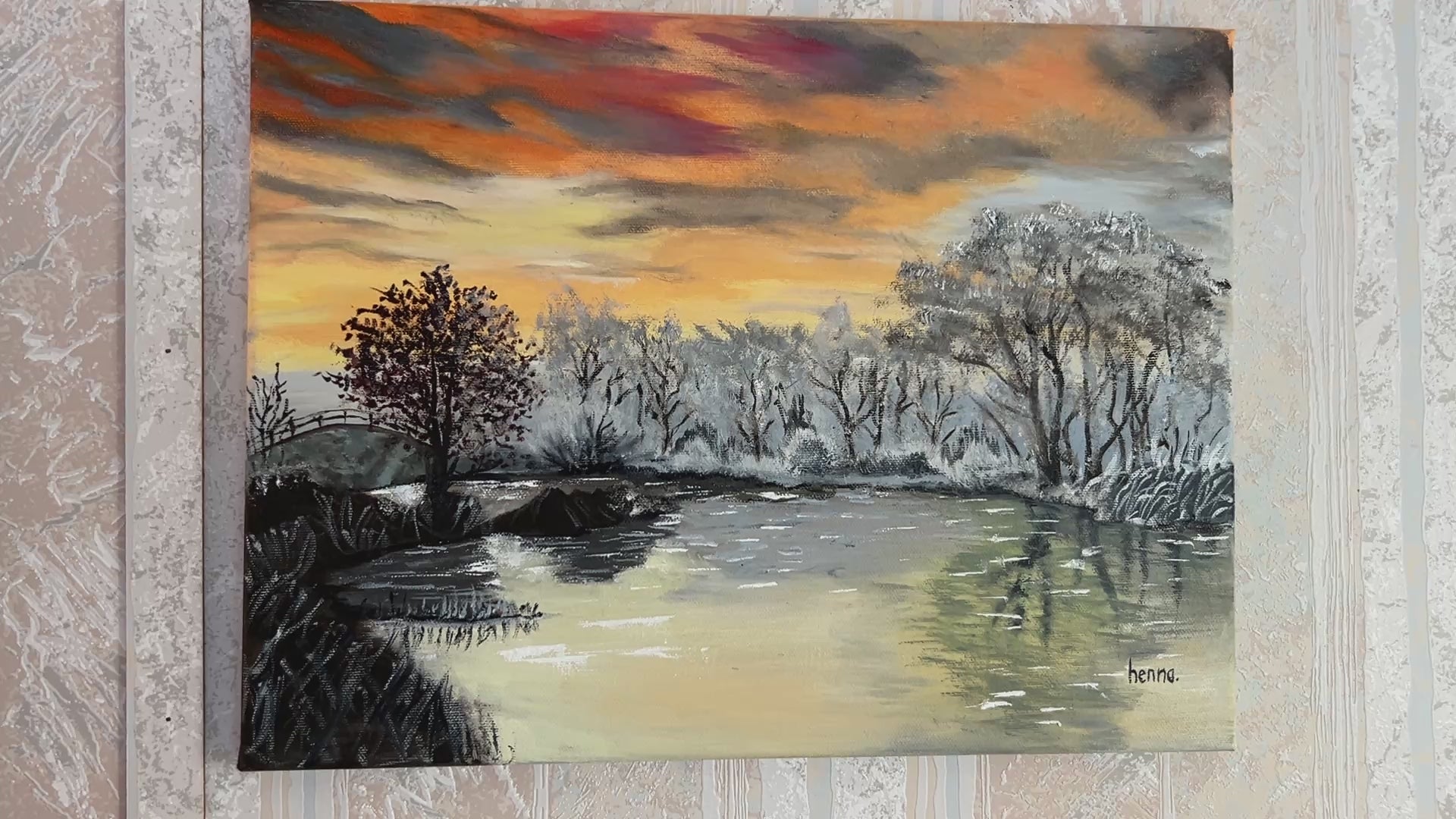 Original oil painting - Winter Sunset : Snowy Trees Landscape Art (16"x12")