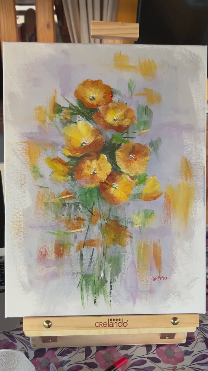 Original Poppy Painting: Vibrant Floral Acrylic Art, 16x12 Canvas