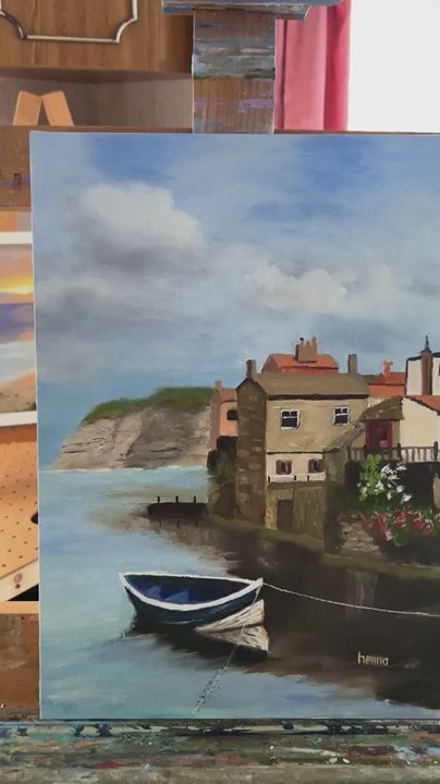 Oil Painting: The Blue boat on Staithes on canvas board 10"x14"