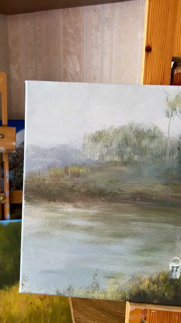Misty Morning River Oil Painting: Brothers Fishing, Irish Landscape Art (16x12)