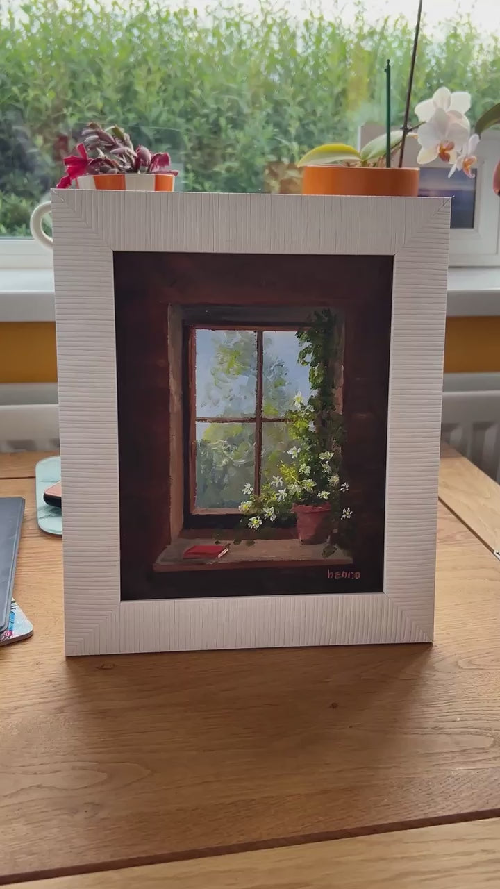 Framed Window Scene Oil Painting: Rustic Nature Wall Art (8x10)