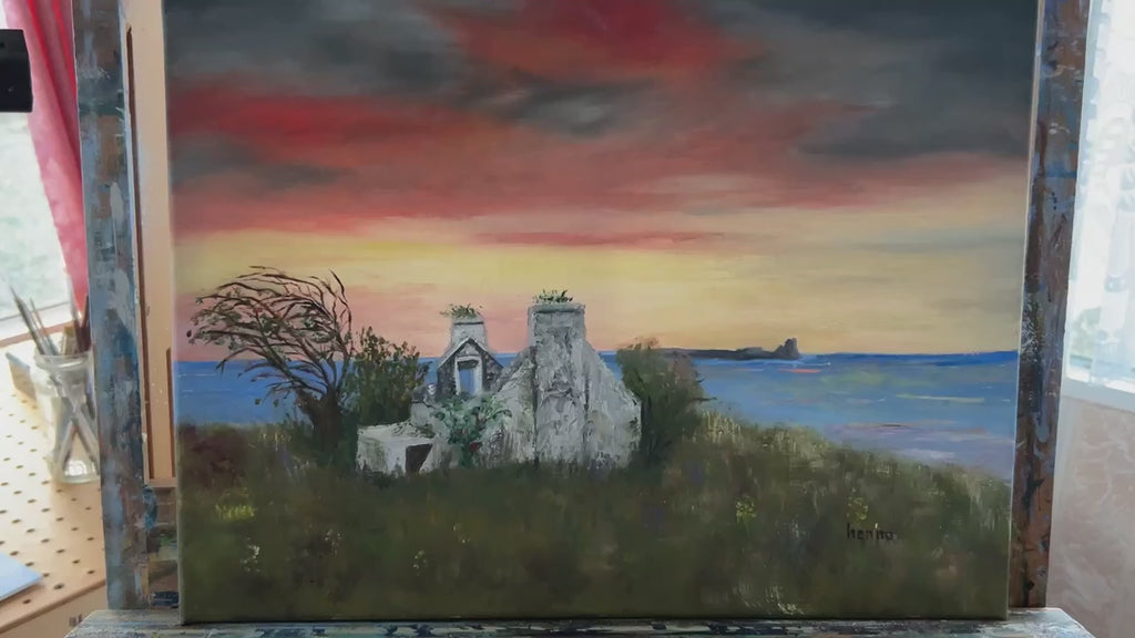 Original IrishOriginal Oil Painting -  Sunset  : Ruin near the Atlantic Ocean | Cottage Art 16x12