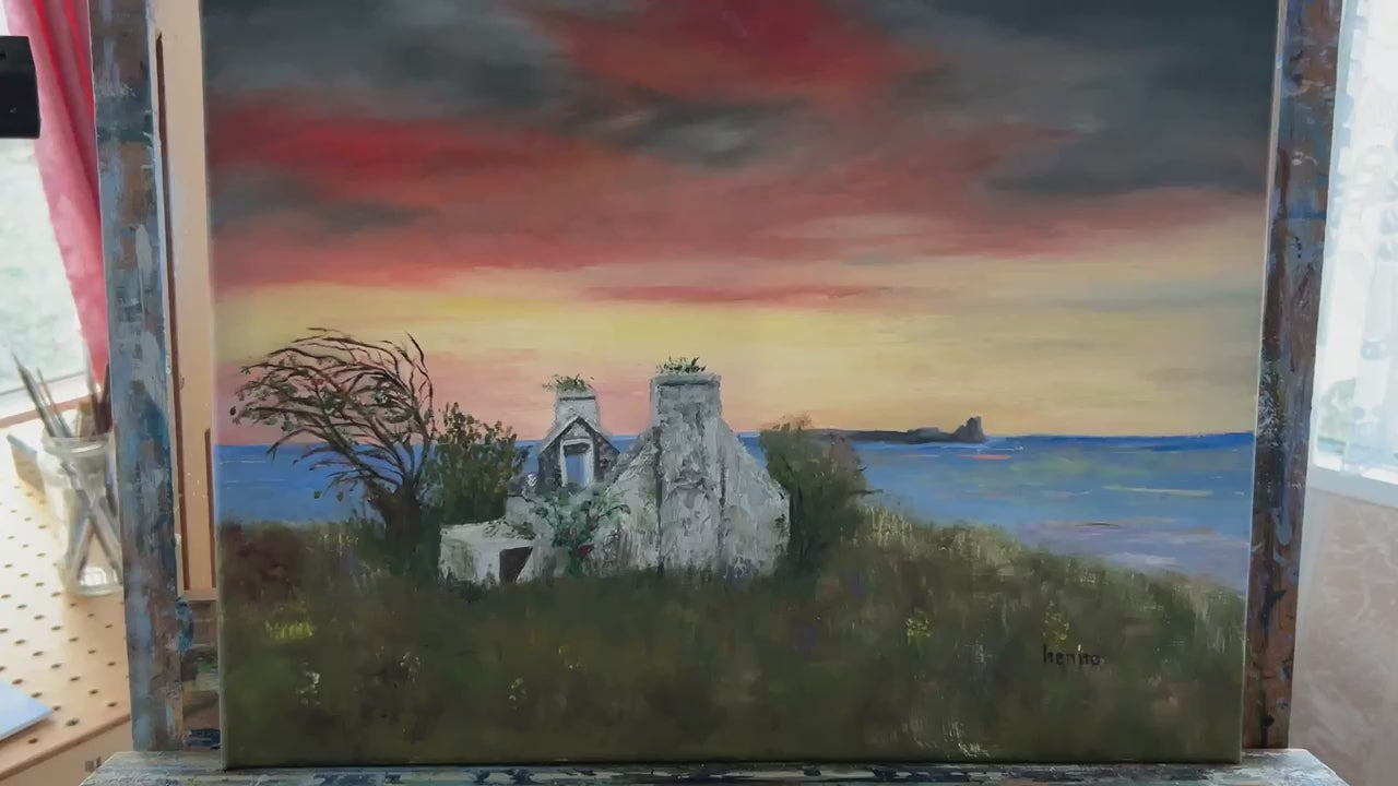 Original IrishOriginal Oil Painting -  Sunset  : Ruin near the Atlantic Ocean | Cottage Art 16x12