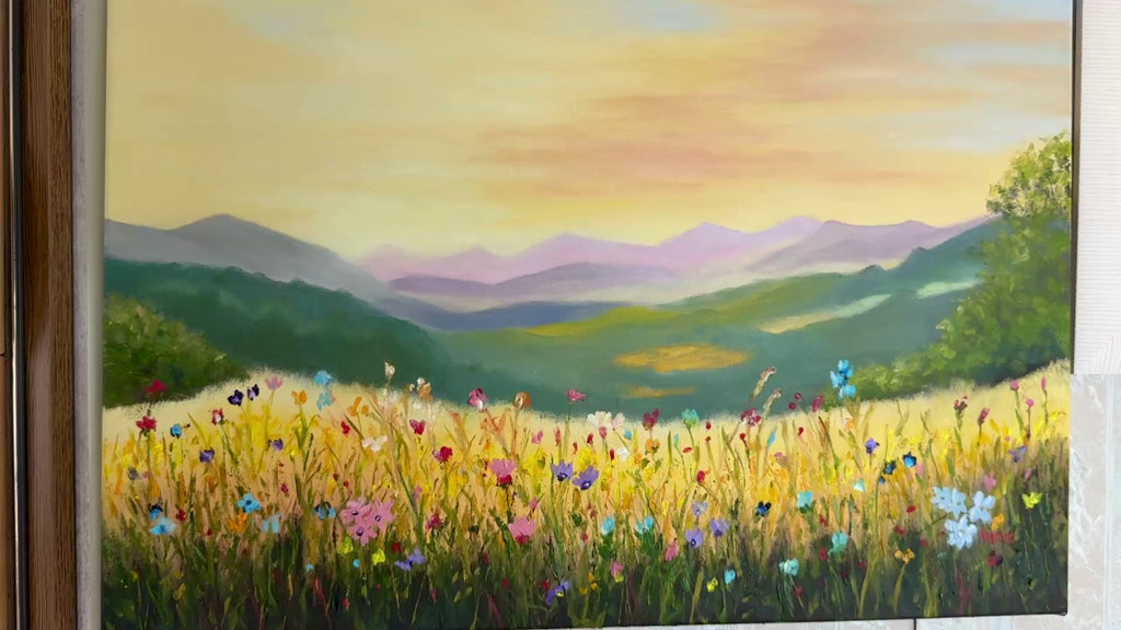 Sunrise Behind the Mountains over a Flower Field 28"x20"