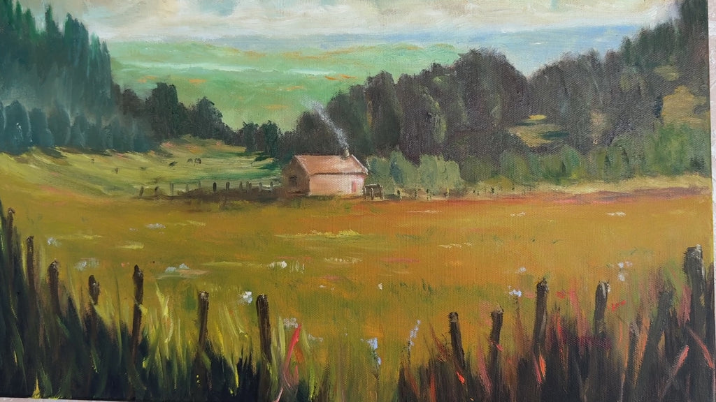 Original Painting small cabin in rural landscape 20x16