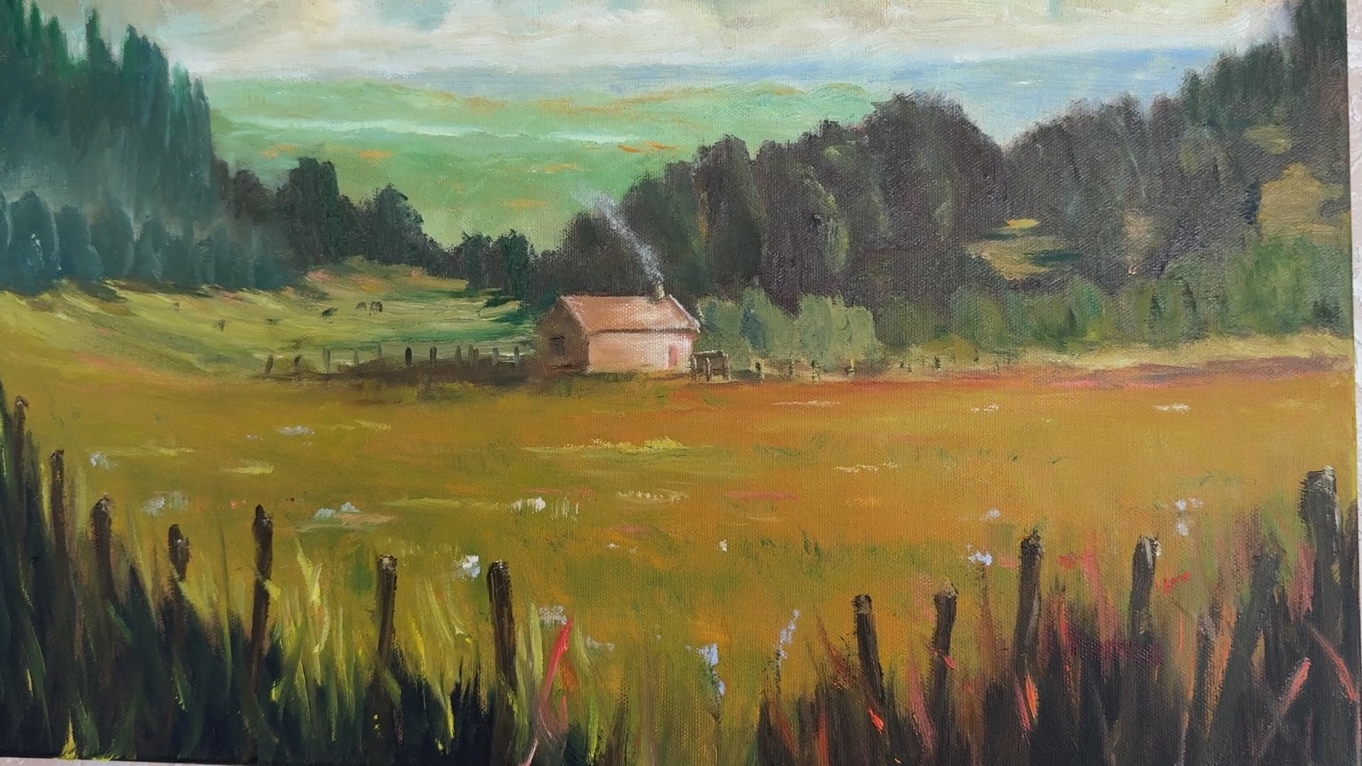Original Painting small cabin in rural landscape 20x16
