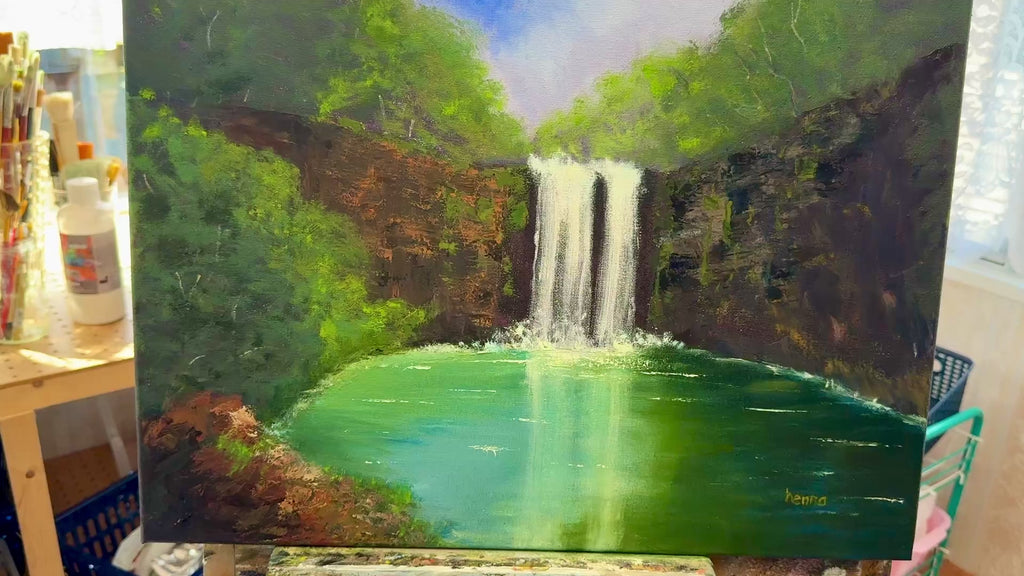 Original Oil painting - Majestic Waterfall , Forest Landscape Art (20x16)