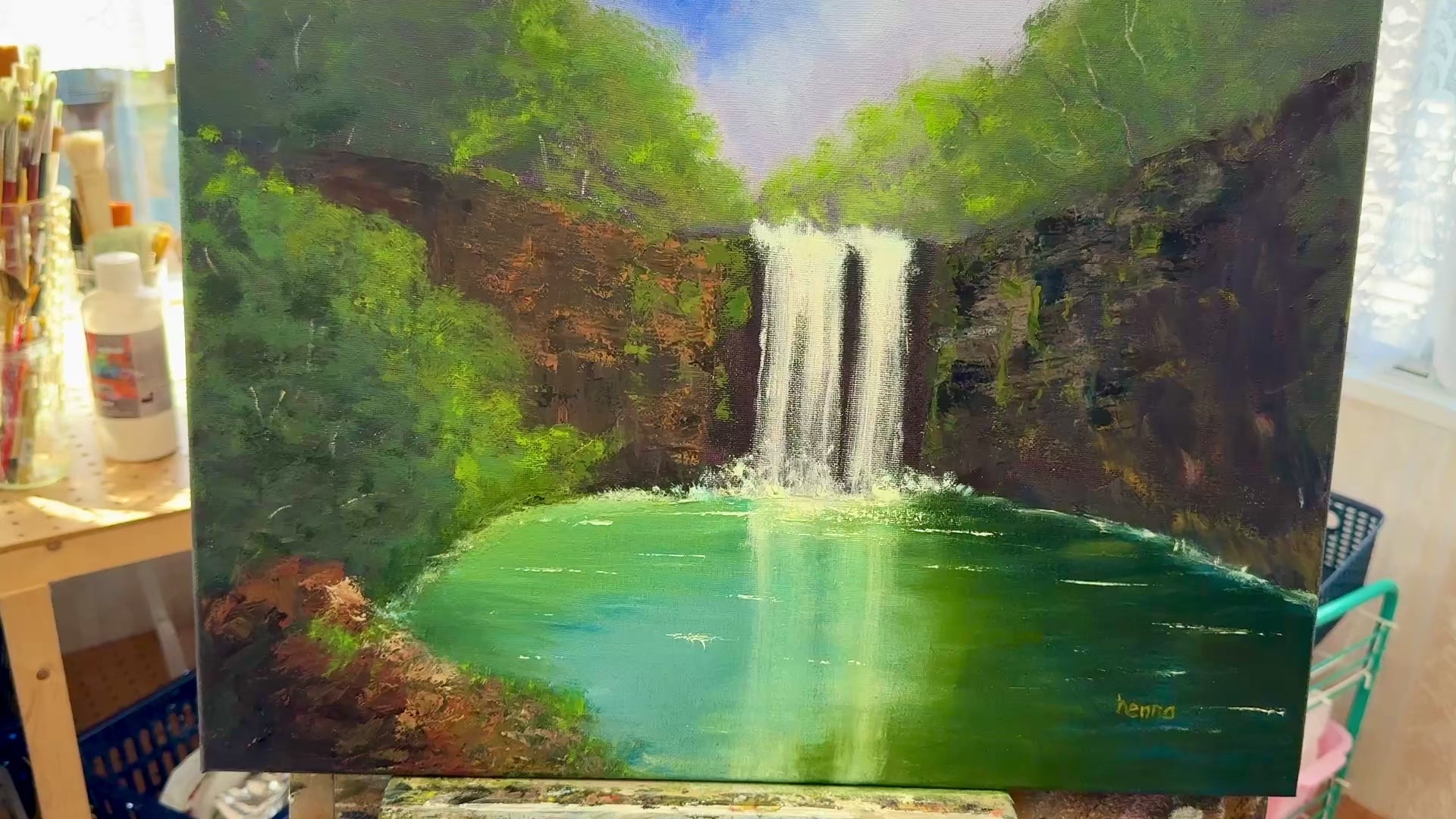Original Oil painting - Majestic Waterfall , Forest Landscape Art (20x16)