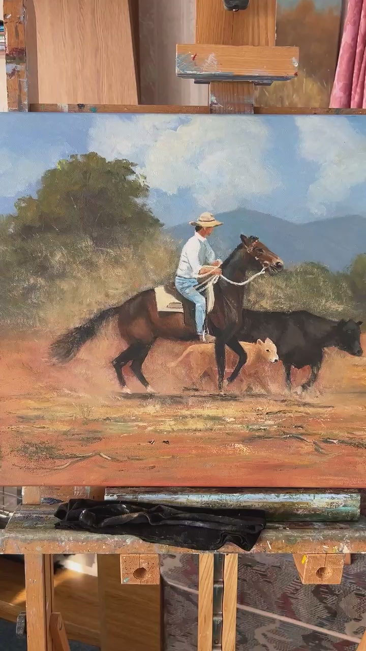 Cowboy Herding Cattle: Original Oil Painting on Canvas (20" x 16")