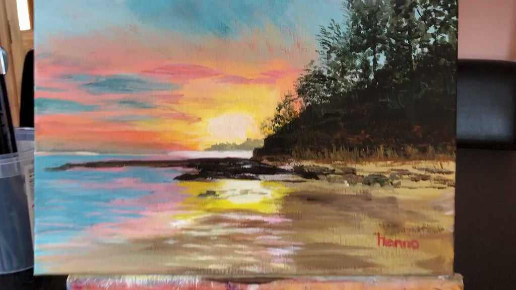 Original Sunset Seascape Painting: Irish Coastal Wall Art 12"x8"
