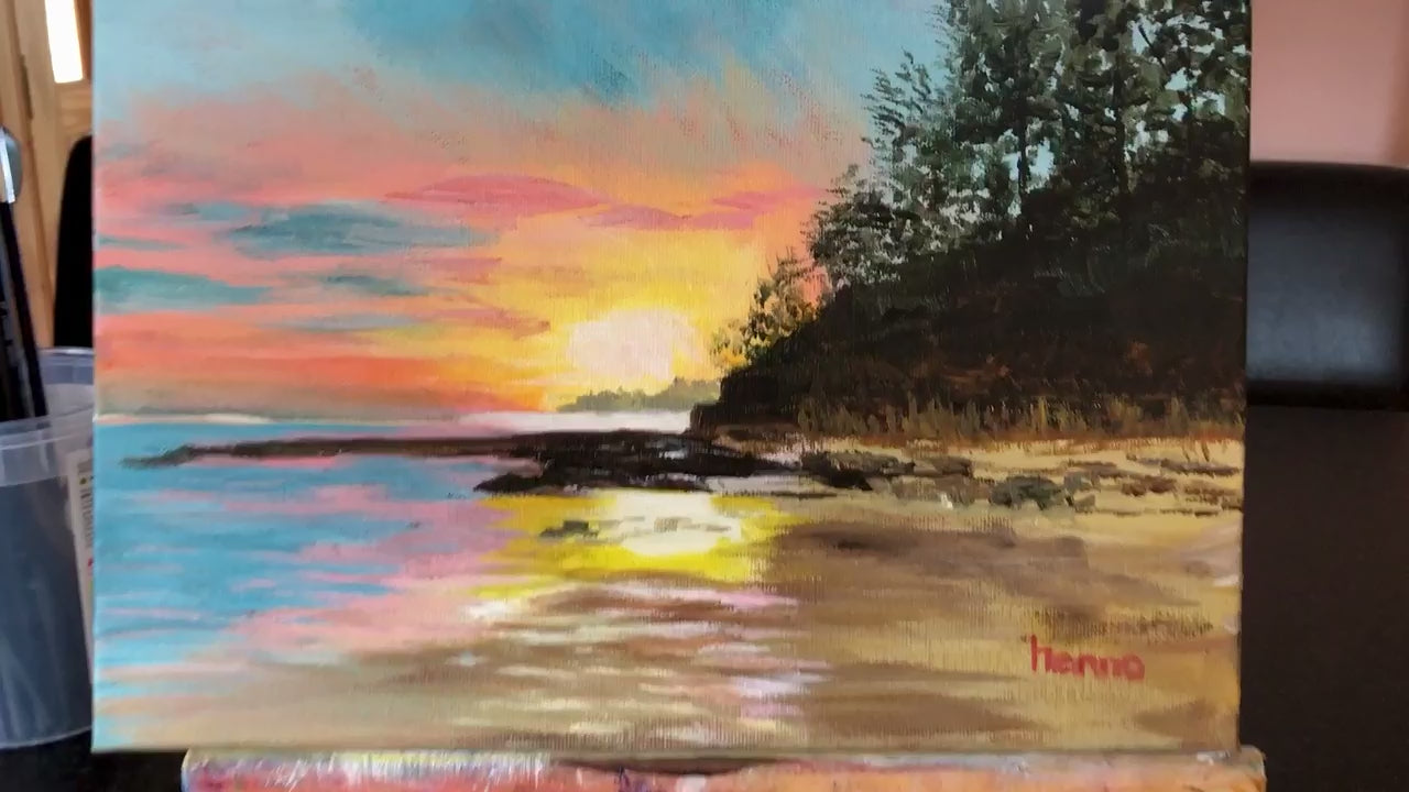 Original Sunset Seascape Painting: Irish Coastal Wall Art 12"x8"