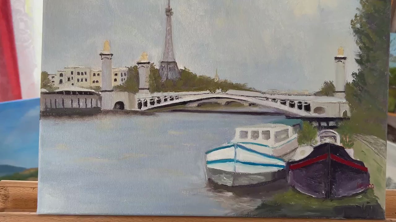 Eiffel Tower Oil Painting: Paris Seine River Cityscape, 16"x12"