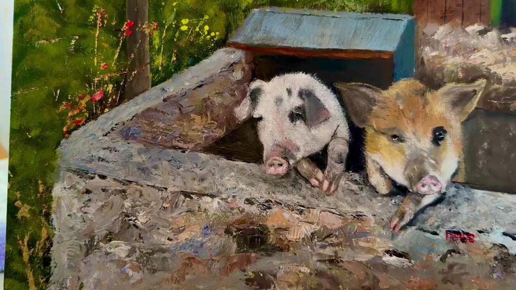 Two Pigs Over a Stone Wall (16"x12")