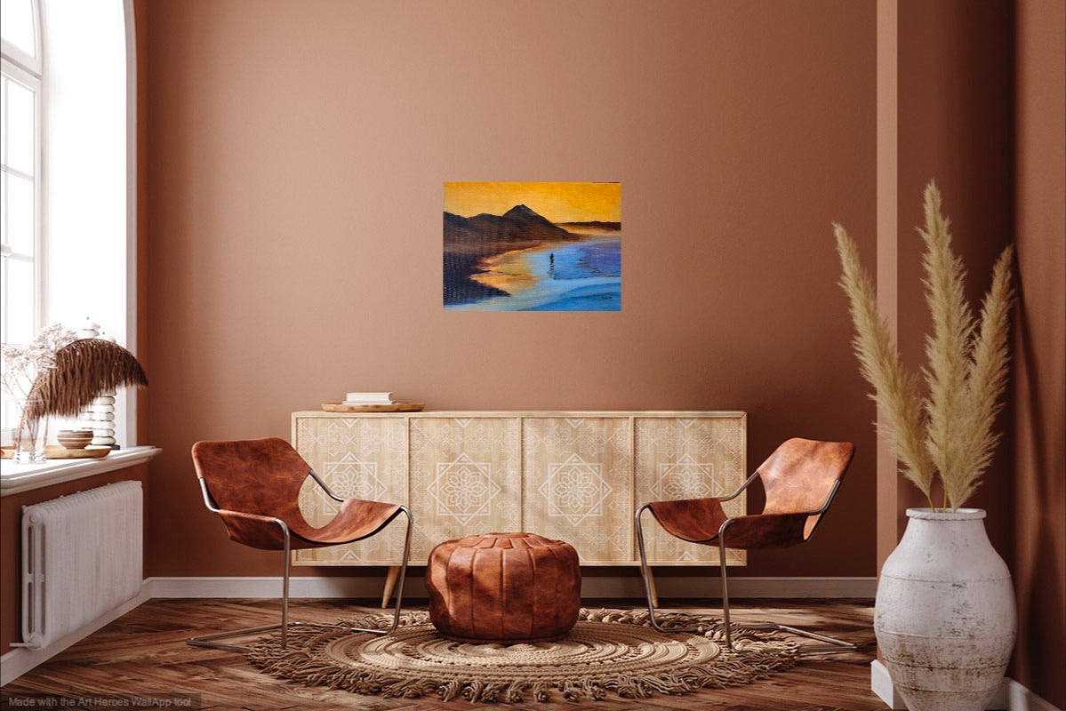 Original Oil Painting - Sunset beach on Canvas: Coastal Seascape Art (16x12)
