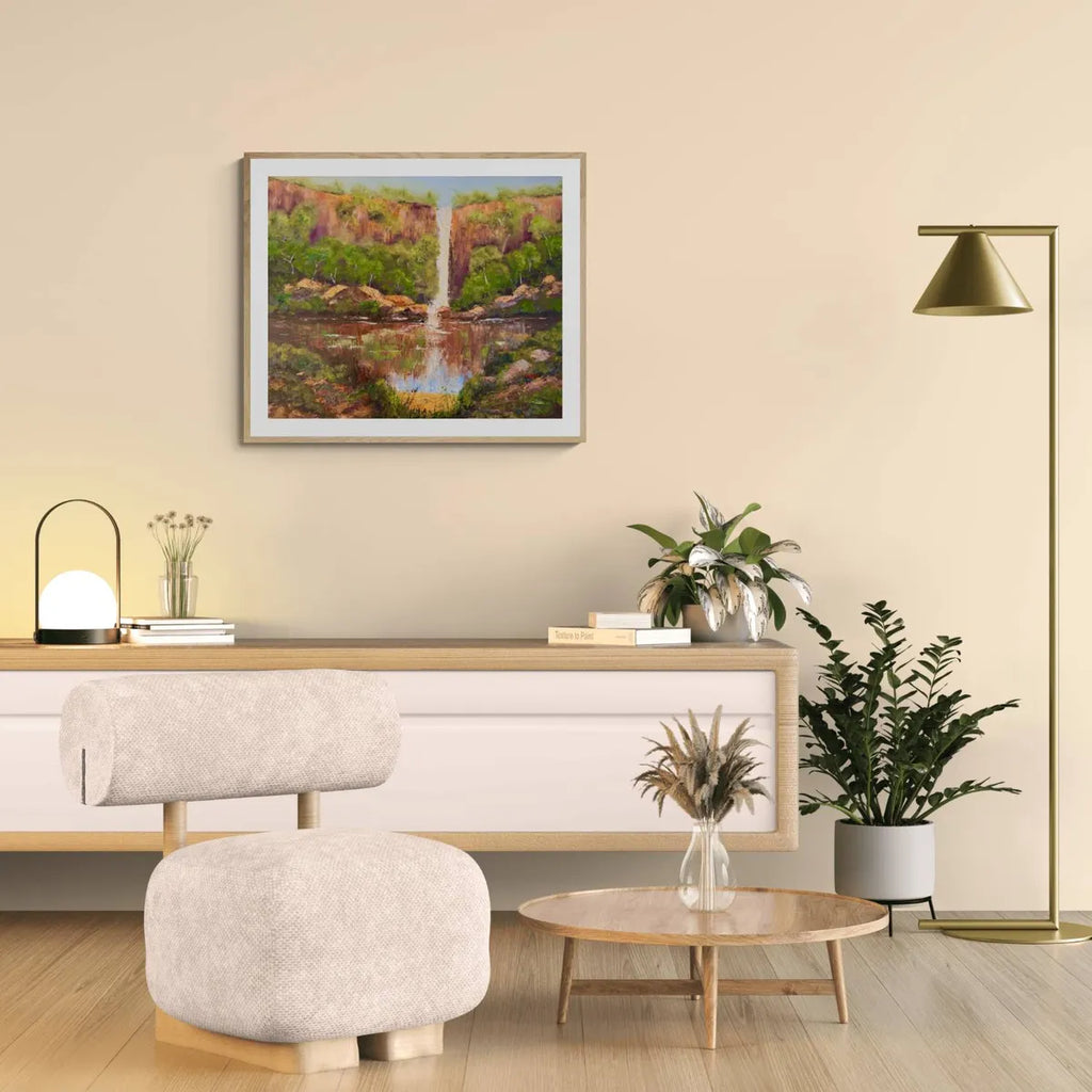 Waterfall over the cliffs, reflections in the water,  24X20